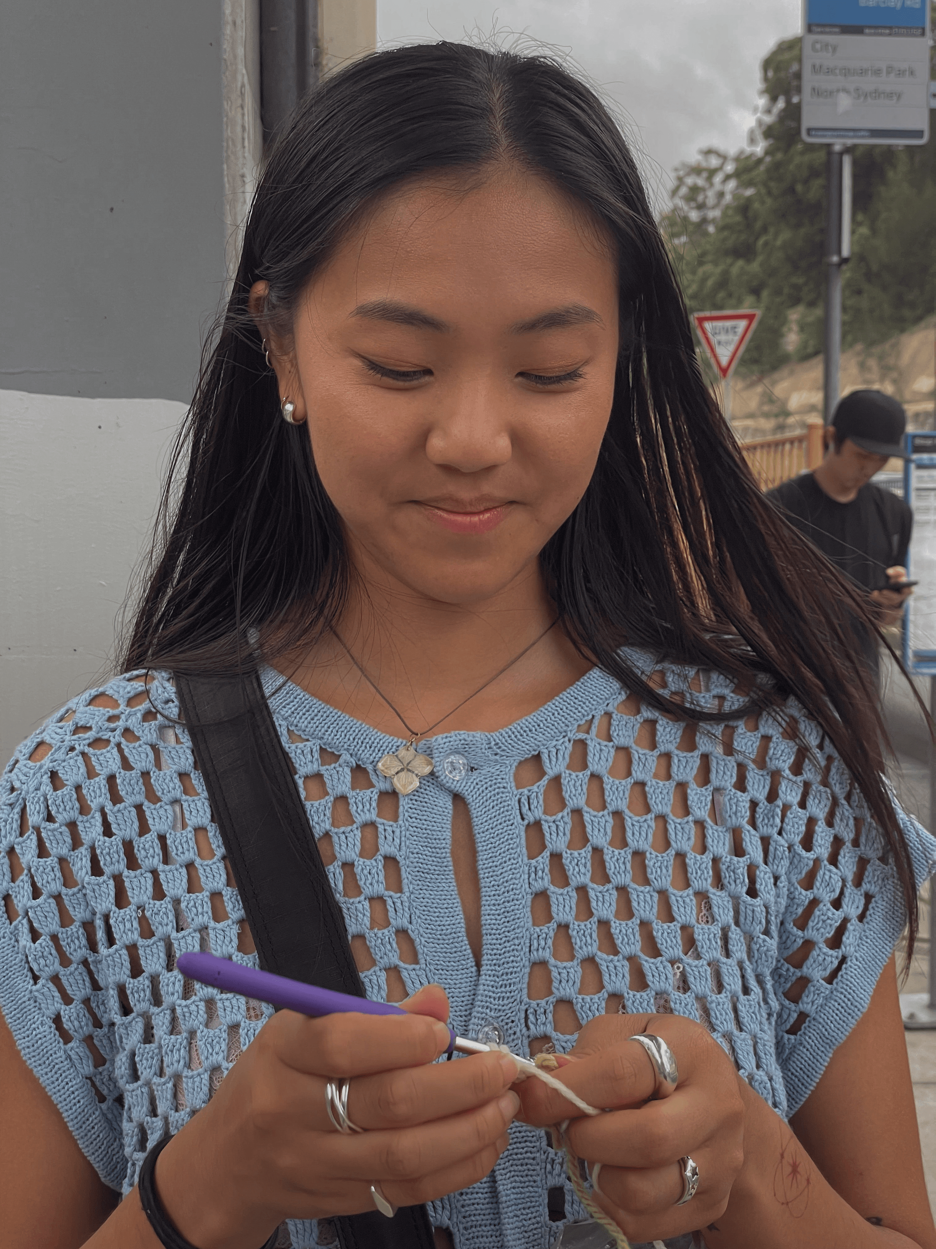 Lou crocheting a textile piece