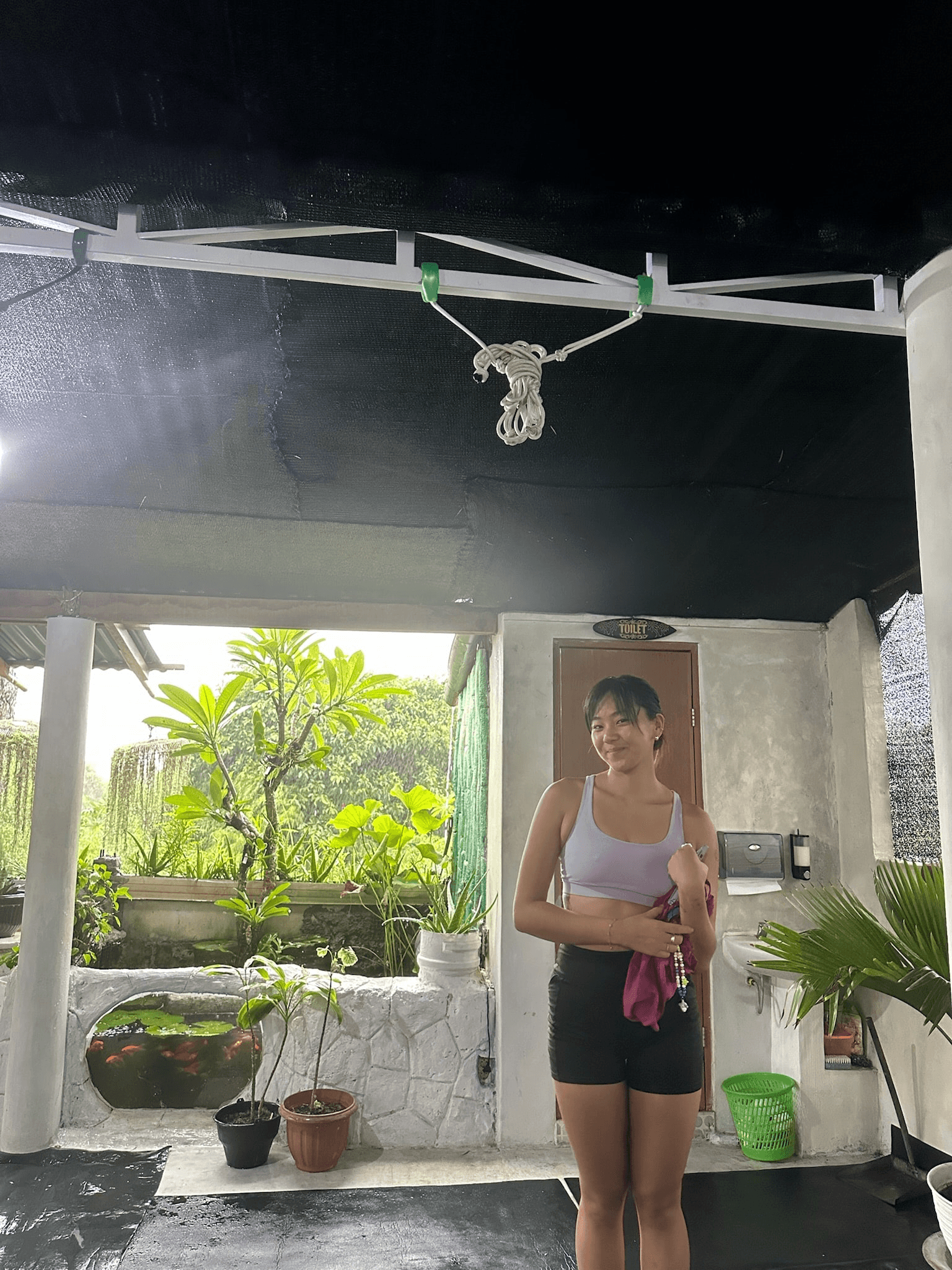 Lou practicing yoga outdoors